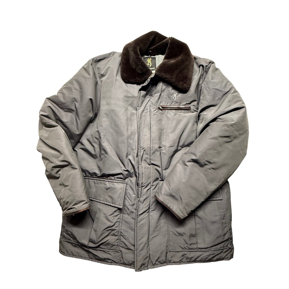 Vintage Browning Down Filled Parka Jacket Fur Collar Mens Large Gray Brown